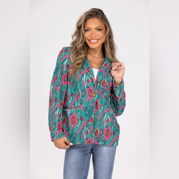 Savanna Jane Kaleidoscope Teal Corduroy Blazer Jacket size 1X - Picture 1 of 8